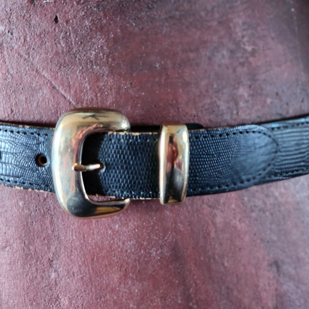 Nan Lewis Croc Embossed Black Belt With Gold Hardware 1" Wide 38" Size 14/16 - Picture 3 of 7
